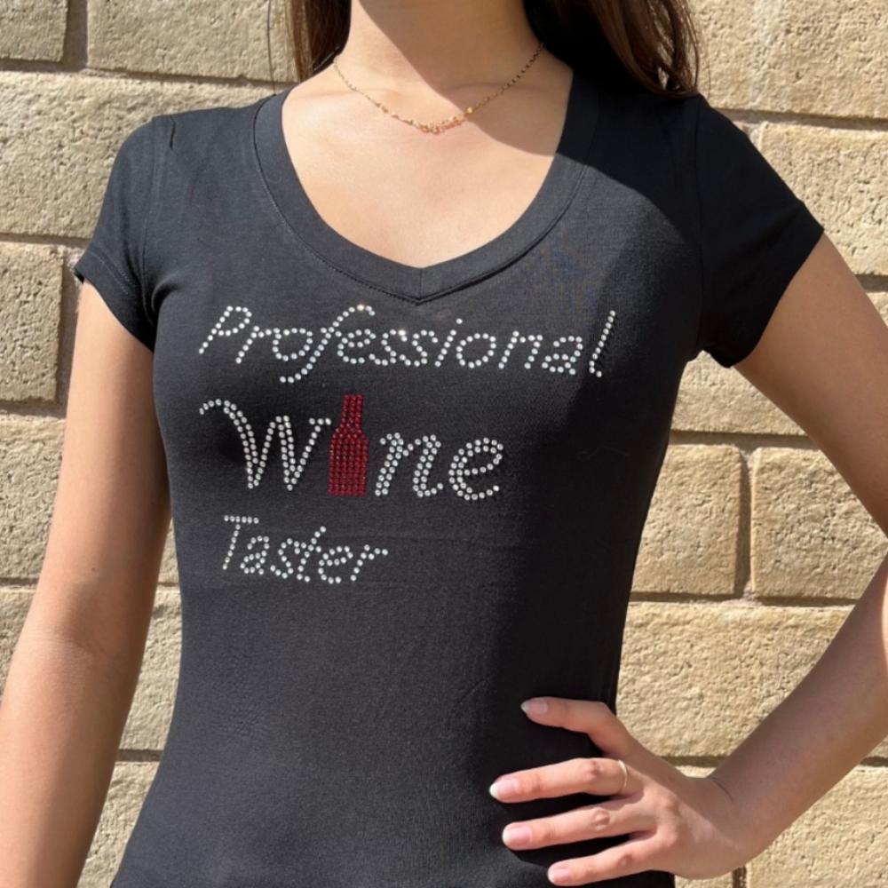 Black Blouse With Logo In Rhinestones Professional Wine Taster